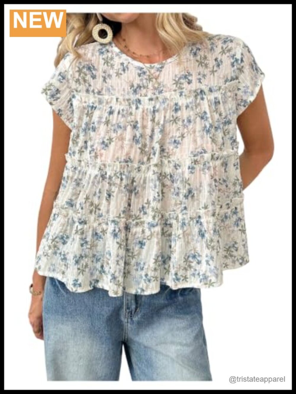 Women's Floral Babydoll Top - Ruffle Crew Neck Cap Sleeve Vacation Blouse